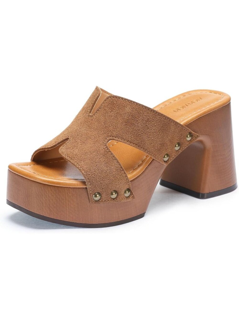 Women's Brown Summer Square Open Toe Block Heels Studded Slip On Heeled Sandals